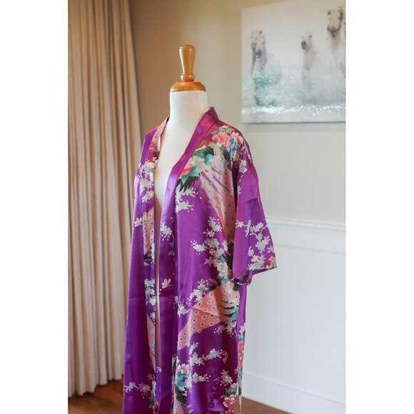 Chinese silk robe, Japanese floral print red short dressing robe, size Medium - Picture 8 of 9